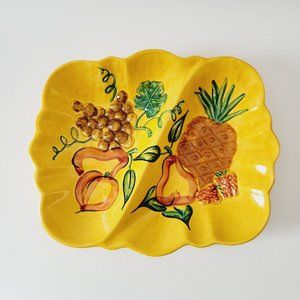California Pottery Divided Platter, Yellow/Orange, Hand Painted Fruit Decor USA
